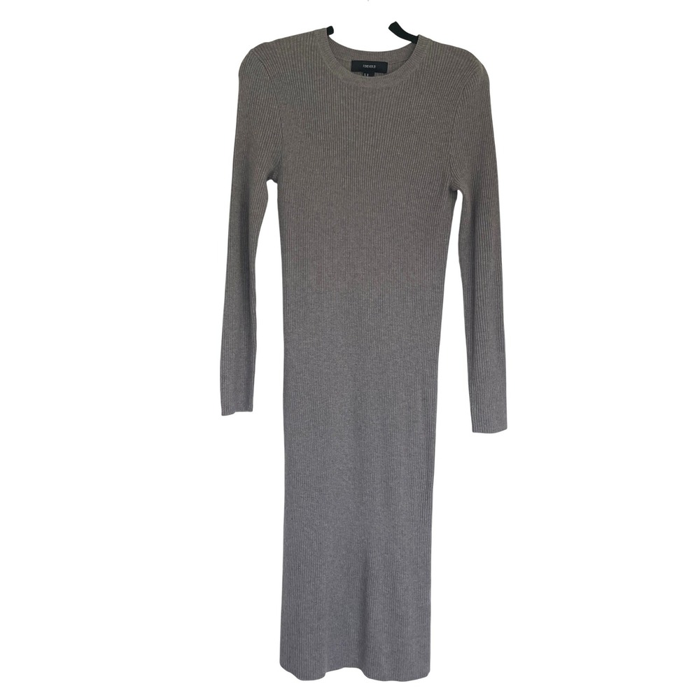 Forever 21 Ribbed Knit Dress Midi Women Size M Taupe Grey Long Sleeve Bodycon